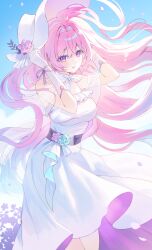  1girl absurdres blue_sky breasts commentary cyrene_(demiurge)_(honkai:_star_rail) cyrene_(honkai:_star_rail) diamond-shaped_pupils diamond_(shape) dress falling_petals gloves hand_on_headwear hat highres honkai:_star_rail honkai_(series) long_hair medium_breasts papu_(papu1006) petals pink_hair sky solo sun_hat sundress symbol-shaped_pupils very_long_hair violet_eyes white_dress white_gloves white_hat 