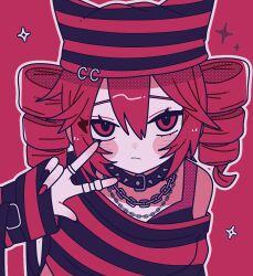  1girl black_collar blush_stickers chain chain_necklace closed_mouth collar commentary_request dot_nose double-parted_bangs drill_hair hair_between_eyes hand_up hat highres jewelry kasane_teto long_sleeves looking_at_viewer necklace okayu_(okayuyuyu2) outline purple_hat purple_shirt red_hair red_hat shirt short_hair sidelocks single_bare_shoulder sleeves_past_wrists solo sparkle spiked_collar spikes striped_clothes striped_headwear striped_shirt twin_drills upper_body utau w white_outline 
