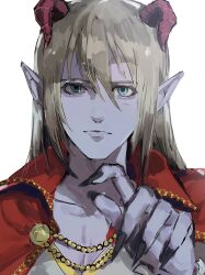  1boy absurdres azbar_(dragon_quest) black_nails blonde_hair blue_eyes cape collarbone colored_skin commentary_request demon_boy dragon_quest dragon_quest_x fingernails hair_between_eyes highres horns long_fingernails long_hair looking_at_viewer male_focus ninyu_ab pointy_ears purple_skin red_cape red_horns sharp_fingernails solo tunic upper_body white_background white_tunic 