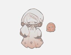  1girl alternate_costume arms_up blush braid braided_bangs braided_hair_rings chibi closed_eyes closed_mouth commentary dot_mouth floating ghost ghost_girl hair_rings hood hood_up hooded_dress light_blush naiguozi original oversized_clothes oversized_dress ribbon short_eyebrows short_hair sleeves_past_fingers sleeves_past_wrists sparkle star_(symbol) star_print thick_eyebrows untranslatable_commentary white_background white_hair wide_sleeves 