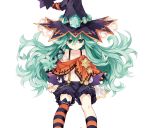  1girl :&lt; bat_wings child date_a_live flat_chest gem green_eyes green_hair hat highres long_hair natsumi_(date_a_live) navel simple_background single_thighhigh solo star striped striped_legwear thighhighs triangle_mouth tsunako white_background wings witch_hat younger 