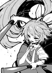  1girl absurdres bow closed_eyes collared_shirt commentary_request cookie_(touhou) cowboy_shot daiyousei diyusi_(cookie) dress extreme_tuna_can_non_oil greyscale hair_bow high-visibility_clothing high-visibility_vest high_ponytail highres jumping long_hair monochrome necktie open_mouth pinafore_dress ponytail shirt short_sleeves sleeveless sleeveless_dress solo touhou traffic_baton very_long_hair 