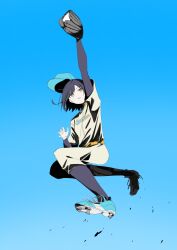  1girl arm_up ball baseball_(object) baseball_cap baseball_mitt baseball_uniform black_hair black_socks blue_hat blue_shoes blue_sky canon_event cleats commentary hat highres jumping kneehighs midair nijisanji nijisanji_koshien outdoors pants shirt shizuka_rin shoes short_hair short_sleeves sky socks solo sportswear sun_kakusui virtual_youtuber yellow_eyes 