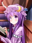  1girl book bookshelf bust crescent ehimedaisuki hat library long_hair looking_at_viewer open_mouth patchouli_knowledge purple_hair skirt solo_focus touhou violet_eyes 
