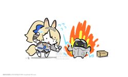  1girl animal_ears armlet bangboo_(zenless_zone_zero) blonde_hair blue_necktie box cardboard_box chibi chibi_only commentary_request fire flying_sweatdrops high_ponytail holding holding_phone horse_ears horse_girl horse_tail jewelry long_hair necktie open_mouth phone ponytail shidare_(youh4016) sigrid_de_l'azur simple_background tail white_background zenless_zone_zero 