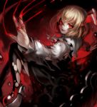  1girl black_dress blonde_hair blood bloody_clothes bloody_hands darkness dress fang hair_ribbon highres long_sleeves looking_at_viewer open_mouth outstretched_arms red_eyes red_shoes ribbon rumia shoes smile solo spark621 thigh-highs torn_clothes torn_shirt torn_sleeves torn_thighhighs touhou 