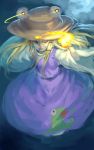  1girl biting_tongue blonde_hair dress energy_ball frog_print hair_ribbon hat highres inishie_kumo light_trail long_hair long_sleeves looking_at_viewer moriya_suwako purple_dress ribbon slit_pupils solo tongue tongue_out touhou wide_sleeves yellow_eyes 