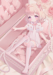 1girl bed_sheet blush bow box brown_hair capelet chitosezaka_suzu closed_mouth commentary_request double_bun dress flower hair_bun highres in_box in_container mini_person minigirl no_shoes original pink_bow pink_flower pink_rose rose smile solo thigh-highs violet_eyes white_capelet white_dress white_thighhighs 
