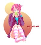  1boy braid character_name cup drinking glasses hair_ornament hairclip hoodie kneehighs long_hair magi_the_labyrinth_of_magic masayasuka mug pink_eyes pink_hair ren_kouha sitting socks striped striped_legwear trap 