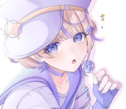  1girl absurdres armband blonde_hair candy choker commentary food hat highres holding holding_candy holding_food holding_lollipop hololive hololive_dev_is hololive_dreams krn838 lollipop looking_at_viewer open_mouth peaked_cap portrait purple_choker short_hair simple_background solo todoroki_hajime todoroki_hajime_(bancho's_soft_grace) two_side_up untranslatable_commentary violet_eyes virtual_youtuber white_background white_hat 