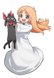  1girl :d absurdres amamiyayk animal antenna_hair bandana bandana_around_neck black_cat blue_eyes blush cat chinese_commentary collared_shirt commentary_request dress full_body highres holding holding_animal holding_cat long_hair long_sleeves necktie nichijou open_mouth orange_hair professor_shinonome red_bandana red_necktie sakamoto_(nichijou) shirt sidelocks simple_background smile sweatdrop white_background white_dress 