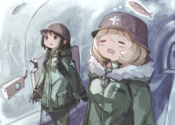  2girls absurdres black_eyes blonde_hair blush_stickers chito_(shoujo_shuumatsu_ryokou) coat commentary_request drooling fish green_coat hair_between_eyes helmet highres hood hood_down long_sleeves mouth_drool multiple_girls open_mouth short_hair shoujo_shuumatsu_ryokou tunnel walking winter_clothes yubrich yuuri_(shoujo_shuumatsu_ryokou) 