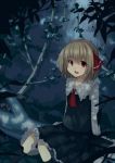  1girl ascot black_dress blonde_hair dress fang forest hair_ribbon highres in_tree long_sleeves looking_at_viewer nature night open_mouth red_eyes ribbon rumia sh_(562835932) shirt sitting sitting_in_tree smile solo touhou tree 