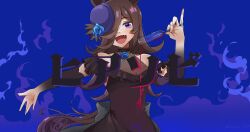  1girl :d absurdres animal_ears blue_background blue_fire blue_flower blue_hat blue_rose blush brown_hair commentary_request cup dot_nose drinking_glass fang fire flower hair_over_one_eye hat hat_flower hiasobi_(vocaloid) highres holding holding_cup horse_ears horse_girl horse_tail long_hair looking_at_viewer mini_hat one_eye_covered open_mouth rice_shower_(umamusume) rose skin_fang smile solo song_name spilling tail tatsuki_020104 translation_request umamusume upper_body variant_set violet_eyes 