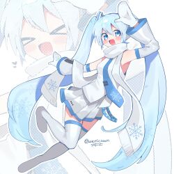  >_< 1girl :d absurdres arm_up artist_name blue_eyes blue_hair blue_necktie blue_trim blush boots commentary_request detached_sleeves different_zoom_layer full_body hair_between_eyes hair_ornament hand_up happy hatsune_miku highres long_hair looking_at_viewer mittens necktie pleated_skirt scarf shirt simple_background skirt sleeveless sleeveless_shirt smile snowflake_print solo thigh_boots tie_clip twintails twitter_username very_long_hair vocaloid wenicon_0410 white_background white_boots white_mittens white_scarf white_shirt white_skirt white_sleeves wide_sleeves yuki_miku yuki_miku_(2011) zettai_ryouiki zoom_layer 