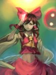  1girl ascot bow brown_eyes brown_hair detached_sleeves glowing glowing_weapon hair_bow hair_tubes hakurei_reimu inishie_kumo looking_at_viewer midriff navel shirt skirt skirt_set solo spell_card touhou weapon wide_sleeves wrist_ribbon 