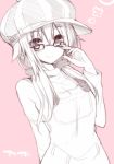  1girl arm_behind_back glasses hat long_hair looking_at_viewer mishima_kurone monochrome pink_background simple_background smile solo 
