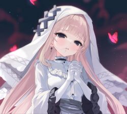  1girl bib_collar blonde_hair blurry blurry_background bug butterfly commentary_request cross cross_earrings cross_ornament dress earrings frilled_dress frilled_sleeves frills gloves grey_eyes highres hikami_meruru interlocked_fingers jewelry korean_commentary long_hair long_sleeves looking_at_viewer mahou_shoujo_no_majo_saiban nzyfse own_hands_clasped own_hands_together priestess red_butterfly solo upper_body veil white_dress white_gloves white_veil wide_sleeves 