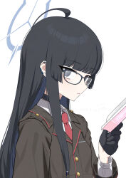  ahoge black_choker black_gloves black_hair black_halo blue-framed_eyewear blue_archive blue_eyes blue_hair blue_halo book breasts bright_pupils brown_jacket choker colored_inner_hair commentary_request dress_shirt ear_piercing earclip from_side gloves half_gloves halo highres holding holding_book jacket kisamu_(ksmz) looking_at_viewer looking_to_the_side multicolored_hair necktie piercing red_necktie shirt shouko_(blue_archive) sideways_glance simple_background small_breasts two-tone_hair white_background white_pupils white_shirt 