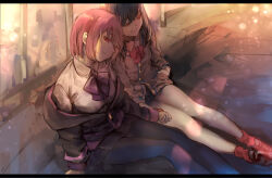  2girls black_hair black_shoes black_skirt bow bowtie breasts cardigan closed_eyes collared_shirt commentary empty_eyes english_commentary grey_pantyhose gridman_universe holding_hands jacket kazuya0810 large_breasts long_hair long_sleeves multiple_girls orange_scrunchie pantyhose pleated_skirt purple_bow purple_bowtie purple_hair purple_jacket red_bow red_bowtie red_eyes red_socks school_uniform scrunchie shinjou_akane shirt shoes short_hair sitting skirt smile socks ssss.gridman takarada_rikka white_cardigan white_shirt wrist_scrunchie 