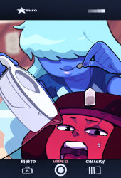  2girls afro alternate_costume blue_hair blue_skin casual colored_skin discount-supervillain fingernails gem_(steven_universe) hair_over_eyes headband long_hair multiple_girls red_skin ruby_(steven_universe) sapphire_(steven_universe) smile steven_universe sweat teabag upper_body water 