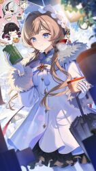  1girl 3girls alternate_costume arlecchino_(genshin_impact) black_hair blue_eyes blush bonnet brown_hair closed_mouth coat columbina_(genshin_impact) commentary_request dress fur-trimmed_coat fur_trim genshin_impact gloves grey_hair hand_up headdress highres long_hair long_sleeves multicolored_hair multiple_girls oli_o_o outdoors pantyhose purple_hair sandrone_(genshin_impact) short_hair_with_long_locks smile snowing solo solo_focus speech_bubble standing thought_bubble umbrella white_bonnet white_coat white_dress white_gloves white_pantyhose 