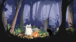  animal animated animated_gif bird black_cat blade_of_grass campfire cat decomposedmaw dusk fire fog foliage forest ghost grass log lowres nature no_humans on_log original outdoors owl peeking_out pixel_art plant scenery sitting sitting_on_log tall_grass tree tree_stump warming_hands 