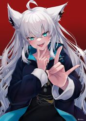  1girl ahoge animal_ear_fluff animal_ears black_shirt blue_jacket blush braid commentary_request earrings fox_ears fox_girl fox_shadow_puppet green_eyes hair_between_eyes highres hololive ianzky jacket jewelry long_hair looking_at_viewer open_clothes open_jacket open_mouth red_background shirakami_fubuki shirakami_fubuki_(loungewear) shirt sidelocks simple_background single_braid solo twitter_username virtual_youtuber white_hair 