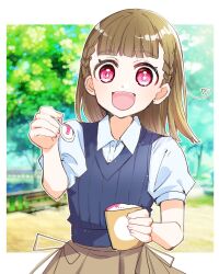  1girl blue_sweater_vest bob_cut braid brown_hair brown_skirt casual commentary_request feeding_viewer food highres holding holding_spoon ice_cream inverted_bob kachimachi_kosuzu kachimachi_kosuzu_(hasu_no_shoushihenkei_no_kyuujitsu) kanduki_kamibukuro looking_at_viewer love_live! love_live!_hasu_no_sora_jogakuin_school_idol_club open_mouth shirt short_sleeves side_braids skirt solo spoon sundae sweater_vest tree violet_eyes white_shirt 