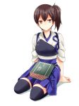  1girl black_legwear brown_eyes brown_hair japanese_clothes kaga_(kantai_collection) kantai_collection kubyou_azami multiple_girls muneate personification short_hair side_ponytail sitting smile solo thighhighs white_background 