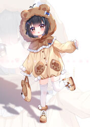  1girl animal_costume animal_hood bear_costume bear_hood blunt_bangs blush boots brown_boots commentary_request frilled_sleeves frills full_body hair_between_eyes hair_ornament highres hood hood_up long_sleeves looking_at_viewer multicolored_hair open_mouth original shimo_shiina sidelocks simple_background solo standing standing_on_one_leg streaked_hair thigh-highs white_background white_streaks white_thighhighs x_hair_ornament yellow_eyes zoom_layer 