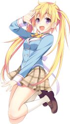  1girl back_bow blazer blonde_hair blue_jacket bow bowtie breasts brown_shoes brown_skirt buttons closed_mouth double-breasted dress_shirt full_body fuyuichi_monme game_asset grey_shirt hand_up jacket jumping kari_gurashi_ren'ai kneehighs lapels loafers long_hair long_sleeves miniskirt niizuma_hiyori official_art open_mouth plaid_clothes plaid_skirt pleated_skirt school_uniform shirt shoes skirt sleeve_cuffs small_breasts socks solo transparent_background twintails very_long_hair violet_eyes white_bow white_socks yellow_bow yellow_bowtie 