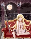  1girl barefoot blonde_hair couch hiba_(p-p-purin) long_hair monogatari_(series) moon oshino_shinobu sitting strap_slip sword weapon yellow_eyes 