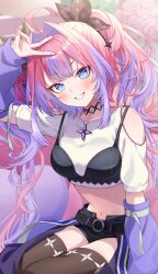  1girl :d ahoge arm_up arm_warmers black_bow black_bra black_choker black_shorts black_thighhighs blue_eyes bow bra bra_over_clothes breasts cargo_pants center-flap_bangs choker clothing_cutout colored_inner_hair commentary_request cropped_shirt fukumoto_moco gradient_hair grin hair_bow hair_intakes highres hololive hololive_dev_is kikirara_vivi kikirara_vivi_(1st_costume) large_breasts leg_cutout long_hair looking_at_viewer midriff multicolored_hair navel pants pink_hair purple_arm_warmers purple_hair purple_pants shirt short_shorts short_sleeves shorts shoulder_cutout sitting smile solo star-shaped_pupils star_(symbol) symbol-shaped_pupils thigh-highs twintails two-tone_hair underwear v very_long_hair virtual_youtuber white_shirt 