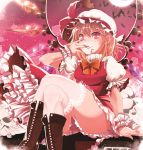  1girl bat blonde_hair boots cross-laced_footwear crossed_legs fang flandre_scarlet frills haruhina_purple hat hat_ribbon lace lace-trimmed_thighhighs lace-up_boots looking_at_viewer moon red_eyes ribbon short_hair sitting smile solo thigh-highs touhou white_legwear wings wrist_cuffs 