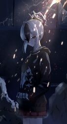  1girl absurdres asao_(asaomm12345) black_choker black_hair black_hoodie black_horns blue_archive broken_glass choker closed_mouth commentary_request cowboy_shot ear_ornament from_side glass grey_halo halo hand_in_pocket highres hood hoodie horns kayoko_(blue_archive) looking_at_viewer multicolored_hair plaid_clothes plaid_skirt pleated_skirt ponytail red_eyes red_skirt ruins skirt smoke solo standing two-tone_hair white_hair 