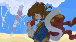  1girl aijo_karen belt blue_jacket blue_sky blush brown_hair closed_eyes closed_mouth clouds commentary_request crown day desert food from_side fur-trimmed_jacket fur_trim hands_up highres holding holding_food holding_vegetable jacket jacket_on_shoulders long_sleeves mini_crown multicolored_jacket naive1919810 one_eye_closed outdoors profile red_jacket sash short_hair shoujo_kageki_revue_starlight shoulder_sash sky solo tassel tilted_headwear tokyo_tower tomato two-tone_jacket upper_body vegetable white_sash yellow_belt 