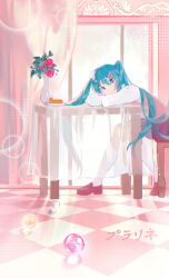  1girl a_li_mo absurdres blue_eyes blue_hair brown_shoes chair checkered_floor chinese_commentary closed_mouth commentary_request curtains double-parted_bangs flower full_body hair_between_eyes hair_ornament hairclip hatsune_miku head_on_table highres kneehighs long_hair long_sleeves looking_at_viewer parallel_hairclips pink_flower pink_rose pink_skirt pink_sweater_vest pleated_skirt rose shirt shoes sitting skirt socks solo sweater_vest table tablecloth twintails vase vocaloid white_shirt white_socks window 