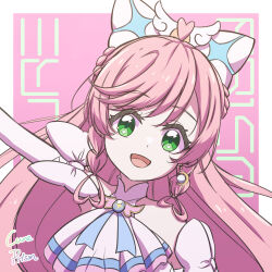  1girl :d absurdres ahoge arm_bow arm_out_of_sleeve arm_up ascot bare_shoulders border bow braid brooch character_name character_signature commentary cure_prism dress earrings elbow_gloves english_text frills gloves green_eyes hair_between_eyes hair_bow hair_ornament half_up_braid halter_dress halterneck head_tilt heart heart_ahoge highres hirogaru_sky!_precure jewelry long_hair looking_at_viewer magical_girl nijigaoka_mashiro open_mouth outside_border pink_background pink_hair pink_theme precure side_braids single_earring sleeveless sleeveless_dress smile solo sphere_earrings star_(symbol) star_in_eye swept_bangs symbol_in_eye thereaakari upper_body white_ascot white_border white_bow white_dress white_gloves wing_hair_ornament 