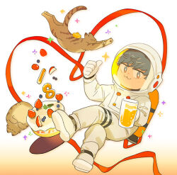  1boy :3 alcohol apple apple_rabbit apple_slice astronaut beer beer_mug blueberry cake cat chibi cup floating food food_art fruit gloves gradient_background grey_hair happy_birthday heart_ribbon helmet male_focus mawei_(character) mug original ribbon rushi_(mousang) space_helmet spacesuit sparkle strawberry white_background white_gloves 