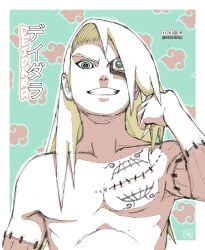  blonde_hair blue_eyes border character_name commentary crosshatching deidara_(naruto) english_commentary hatching_(texture) highres long_hair mixed-language_commentary naruto_(series) naruto_shippuuden smile solarsel_jump stitched_arm stitches twitter_username upper_body white_border 