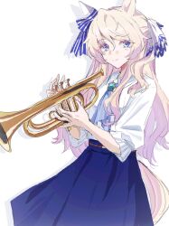  1girl animal_ears blonde_hair blue_eyes breasts casual closed_mouth commentary_request ear_covers hair_between_eyes highres holding holding_instrument holding_trumpet horse_ears horse_girl horse_tail instrument long_hair looking_at_viewer shirt single_ear_cover skirt smile solo sorekara_64 tail trumpet umamusume victoire_pisa_(casual)_(umamusume) victoire_pisa_(umamusume) white_shirt 