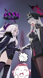  2girls ahoge black_collar black_halo black_horns black_pantyhose black_thighhighs blue_archive blue_eyes breasts broken_bone coat coat_on_shoulders collar commentary crushing curved_horns demon_girl demon_horns demon_wings doodle_sensei_(blue_archive) gloves gradient_halo gradient_horns hair_ornament hair_over_one_eye hairclip halo handshake hat height_difference highres hina_(blue_archive) horns koflif long_hair low_wings makoto_(blue_archive) medium_breasts military multicolored_halo multicolored_horns multiple_girls multiple_horns pantyhose parted_bangs peaked_cap pencil_skirt ponytail purple_halo purple_wings red_halo scene_reference sensei_(blue_archive) side_slit skirt small_breasts sweat thigh-highs tongue tongue_out very_long_hair violet_eyes white_hair wings 