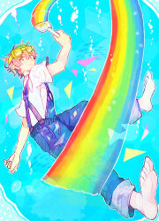  1boy barefoot blue_overalls closed_mouth commentary fish full_body goggles goggles_on_head holding holding_paintbrush male_focus noricopo_(nori0w0) original overalls paintbrush rainbow shirt short_hair short_sleeves smile solo underwater untranslatable_commentary white_shirt 