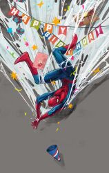  1boy animal_print asaki_r birthday bodysuit boots commentary_request drop_shadow falling full_body gift grey_background happy_birthday hat highres letter marvel mask multicolored_bodysuit party_hat print_bodysuit red_bodysuit silk solo_focus spider-man spider-man_(series) spider_print spider_web spider_web_print superhero_costume two-tone_bodysuit 