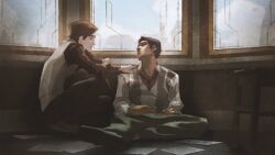  2boys absurdres arcane:_league_of_legends green_pants hand_on_another's_shoulder highres jayce_(league) league_of_legends long_sleeves looking_at_another loose_necktie multiple_boys necktie pants red_necktie shirt sitting squatting stool viktor_(arcane) viktor_(league) zoe_(crownsforkings) 