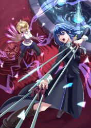  2girls antenna_hair arcueid_brunestud battle black_keys_(type-moon) black_pantyhose black_robe blonde_hair blue_eyes blue_hair blue_skirt boots breasts brown_boots ciel_(tsukihime) combat_boots commentary_request duel dynamic_pose energy evil_smile fingernails fountain fujiki928 glowing glowing_eyes highres holding holding_weapon jewelry jumping looking_at_another miniskirt multiple_girls necklace pantyhose plaid_clothes plaid_skirt red_eyes robe scene_reference sharp_fingernails short_hair sidelocks single_hair_intake skirt sleeve_cuffs smile thigh_boots tsukihime tsukihime_(remake) vampire water weapon wing_collar 