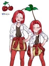  2girls absurdres artist_logo artist_name brown_shirt cardigan cardigan_around_waist cherry_bomb_(plants_vs._zombies) clothes_around_waist commentary creature_and_personification highres leaf logo multiple_girls nisp_art pantyhose parted_bangs personification photo_inset plants_vs._zombies red_cardigan red_hair red_pantyhose reference_inset shirt shirt_tucked_in siblings skirt sleeves_rolled_up squinting teeth twins undershirt white_background white_shirt yellow_eyes yellow_skirt 