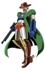  1boy 70s_robot_anime_geppy-x absurdres ammunition ammunition_belt boots brown_boots brown_hat coat cowboy cowboy_hat facial_hair full_body green_coat gun hat highres holding holding_gun holding_weapon knee_boots male_focus mecha mecha_focus mustache no_humans official_art robot scope sleeveless sleeveless_coat solo spurs star_(symbol) third-party_source transparent_background weapon wild_john yamato_akira yellow_eyes 