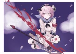  1girl blush commentary flower flower_ornament glaive_(polearm) hair_flower hair_ornament hairband highres magical_girl mahou_shoujo_ikusei_keikaku mahou_shoujo_ikusei_keikaku_unmarked pink_hair polearm sailor_collar school_uniform short_hair skirt snow_white_(mahoiku) solo thigh-highs weapon white_thighhighs yellow_eyes yytototototo 